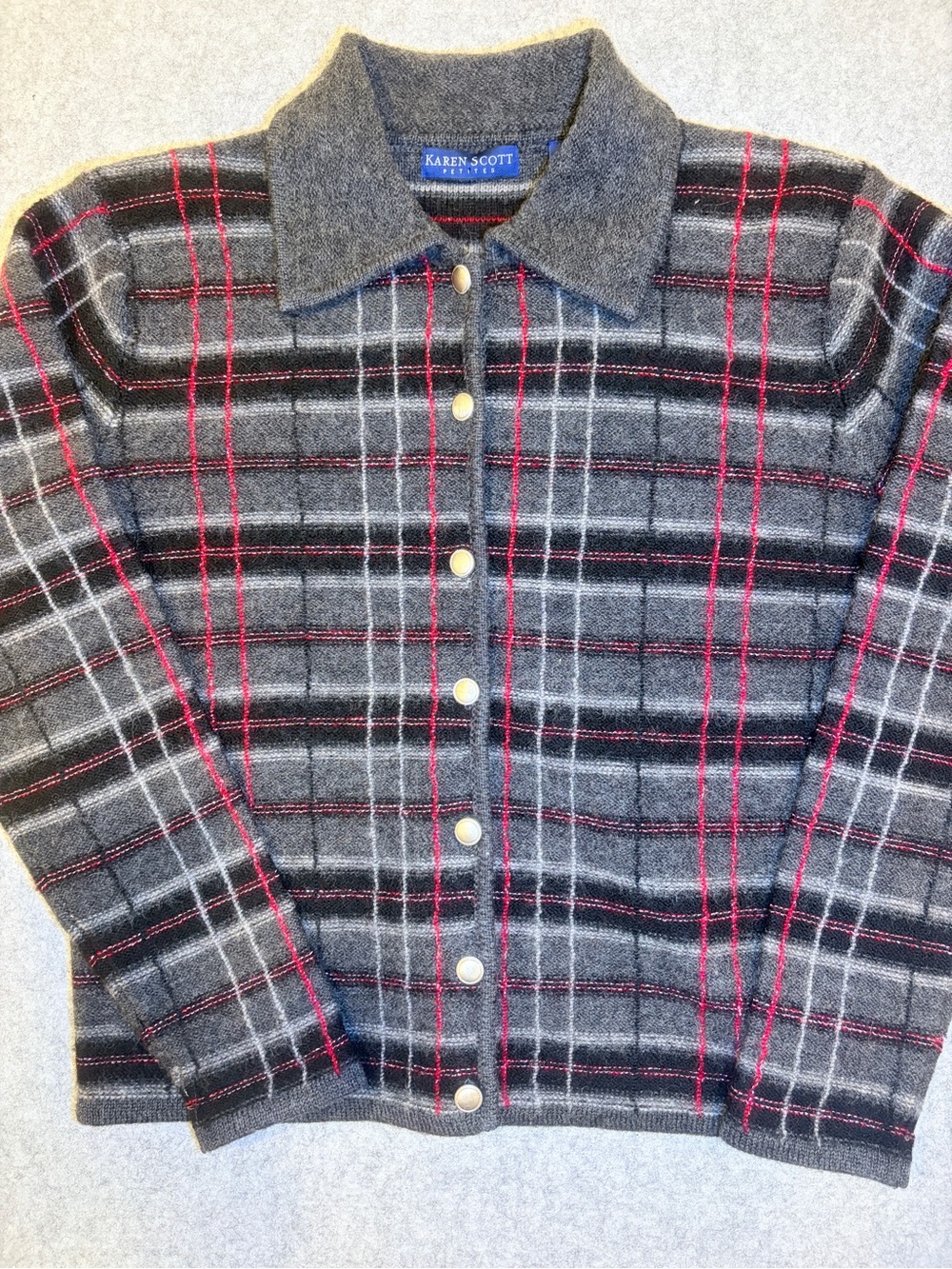 Karen Scott Gray Plaid Button-Front Knit Jacket 100% Wool